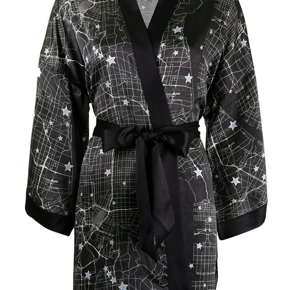 NWT Fred Segal black white and blue Star Map print, size XS/S, 100% silk robe